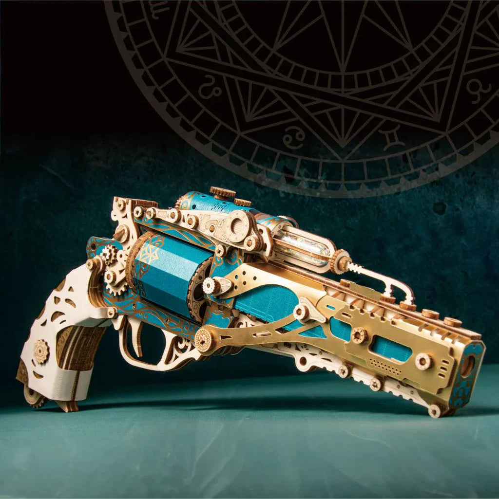 Teal and gold revolver puzzle with a revolving cylinder and hammer, a laser cut wooden gun kit for desk decor and gifting Palace Retro