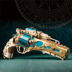 Teal and gold revolver puzzle with a revolving cylinder and hammer, a laser cut wooden gun kit for desk decor and gifting Palace Retro