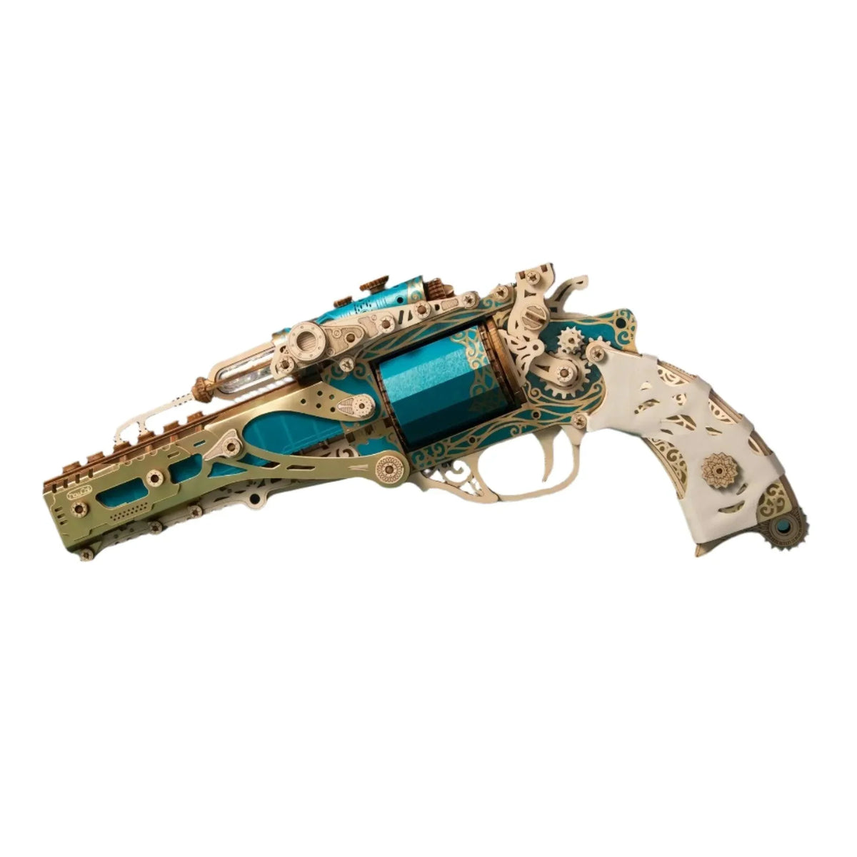 3D wooden revolver puzzle kit with a working trigger and revolving cylinder, a teal and gold gun model for adult builders Palace Retro