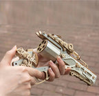 Steampunk pistol puzzle in silver wood, a hands on mechanical gun model kit with a revolving cylinder for adult collectors Steampunk