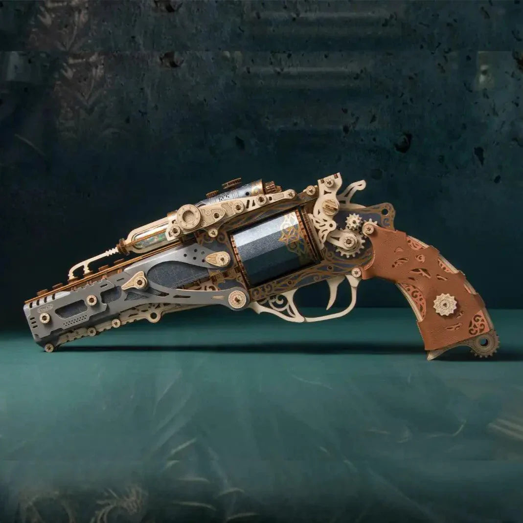 Steampunk revolver puzzle kit in gunmetal grey and copper, a mechanical wood gun model with a moving trigger for hobbyists Steampunk