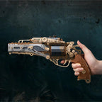 Steampunk wood gun model in silver and tan, a hand held mechanical revolver puzzle with gears for adult model collectors Steampunk