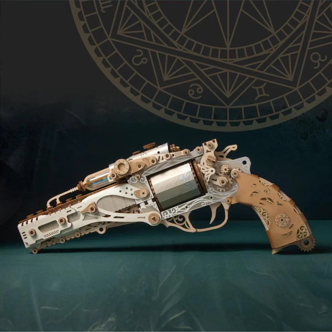 Cream and gold revolver puzzle kit with a working trigger and gears, an intermediate wooden gun model for adult puzzle fans Victorian Elegance