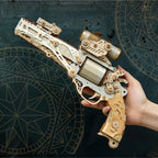 Wooden pistol puzzle with a carved grip and gold cylinder, a no glue snap fit revolver model kit and gift for hobby builders Victorian Elegance