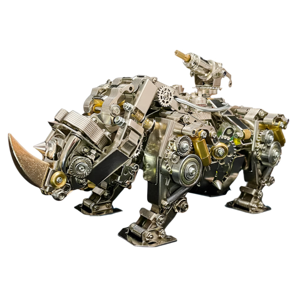 Steampunk mechanical rhino 3D metal model kit with over 700 stainless steel and brass pieces for adult hobbyists