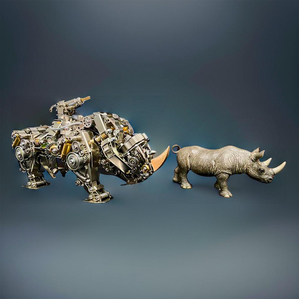 Adult metal puzzle of a steampunk rhino, an engineering hobby project with brass and steel precision components