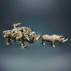 Adult metal puzzle of a steampunk rhino, an engineering hobby project with brass and steel precision components