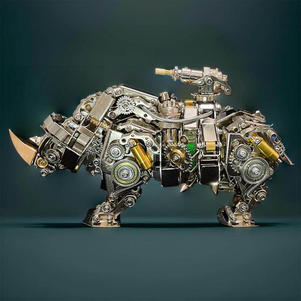 Mechanical rhino sculpture in stainless steel and brass alloy, a detailed 3D metal animal build for collectors
