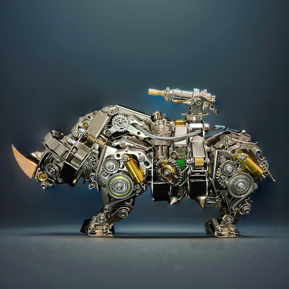 Finished steampunk rhino as desk decor and bookshelf centerpiece for an office, study, or mechanical model shelf
