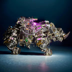 Hidden triceratops transformation kit that reconfigures the steampunk metal rhino into a mechanical dinosaur
