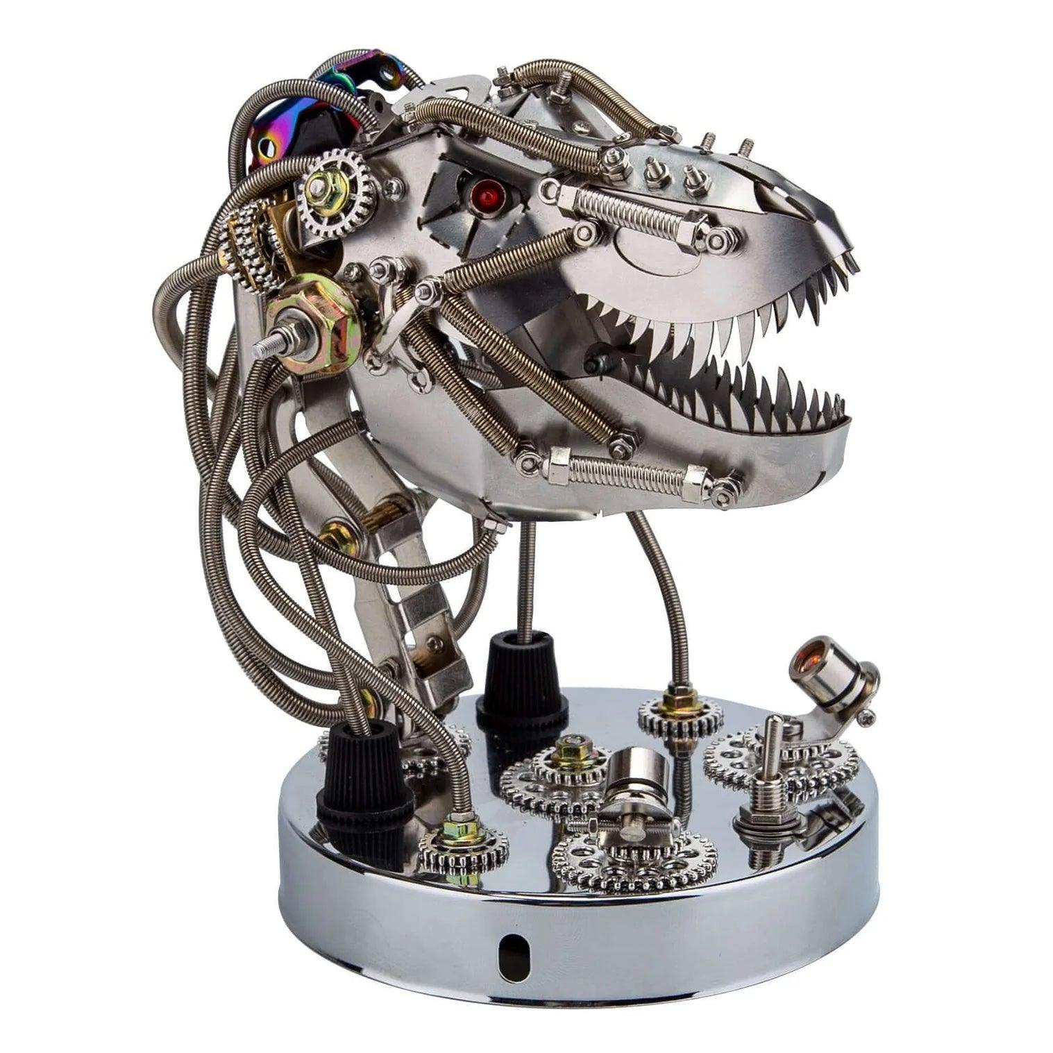 Steampunk T-Rex head metal model kit assembled with a motorized jaw and glowing LED eyes for an interactive desk display