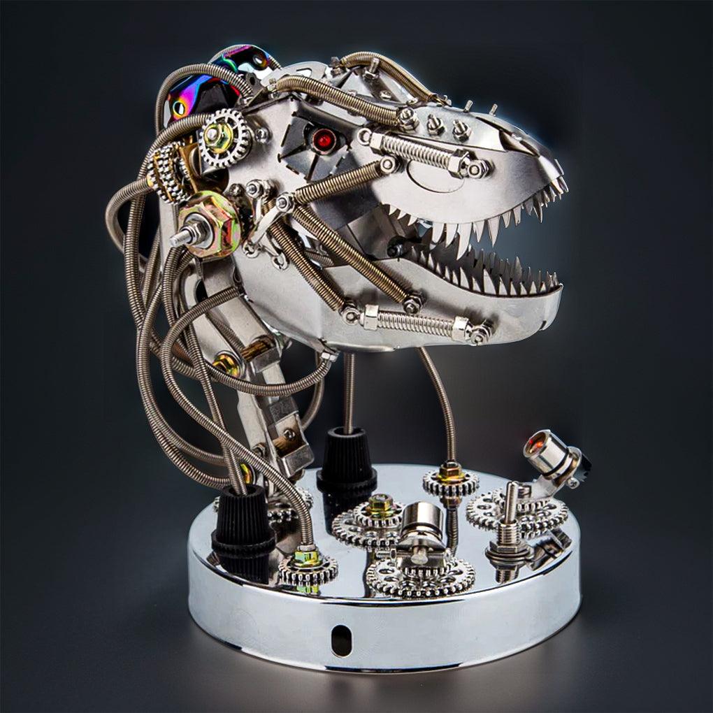 Mechanical dinosaur model built from 180 plus electroplated stainless steel pieces with exposed gears in Victorian style