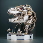 Motorized T-Rex jaw that opens and closes at a finger touch, a moving metal dinosaur bust for a desk or office shelf