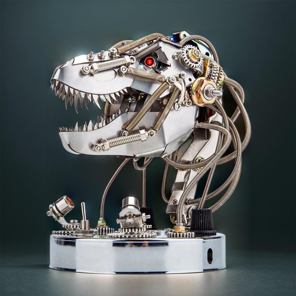 Motorized T-Rex jaw that opens and closes at a finger touch, a moving metal dinosaur bust for a desk or office shelf
