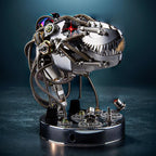 Light up LED eyes give this stainless steel steampunk dinosaur head a glowing look for day or night desk decor