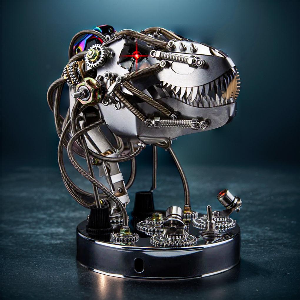 Light up LED eyes give this stainless steel steampunk dinosaur head a glowing look for day or night desk decor