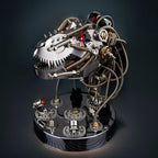 A compact 15 cm mechanical dinosaur bust that works as an interactive desk toy and conversation piece for the office