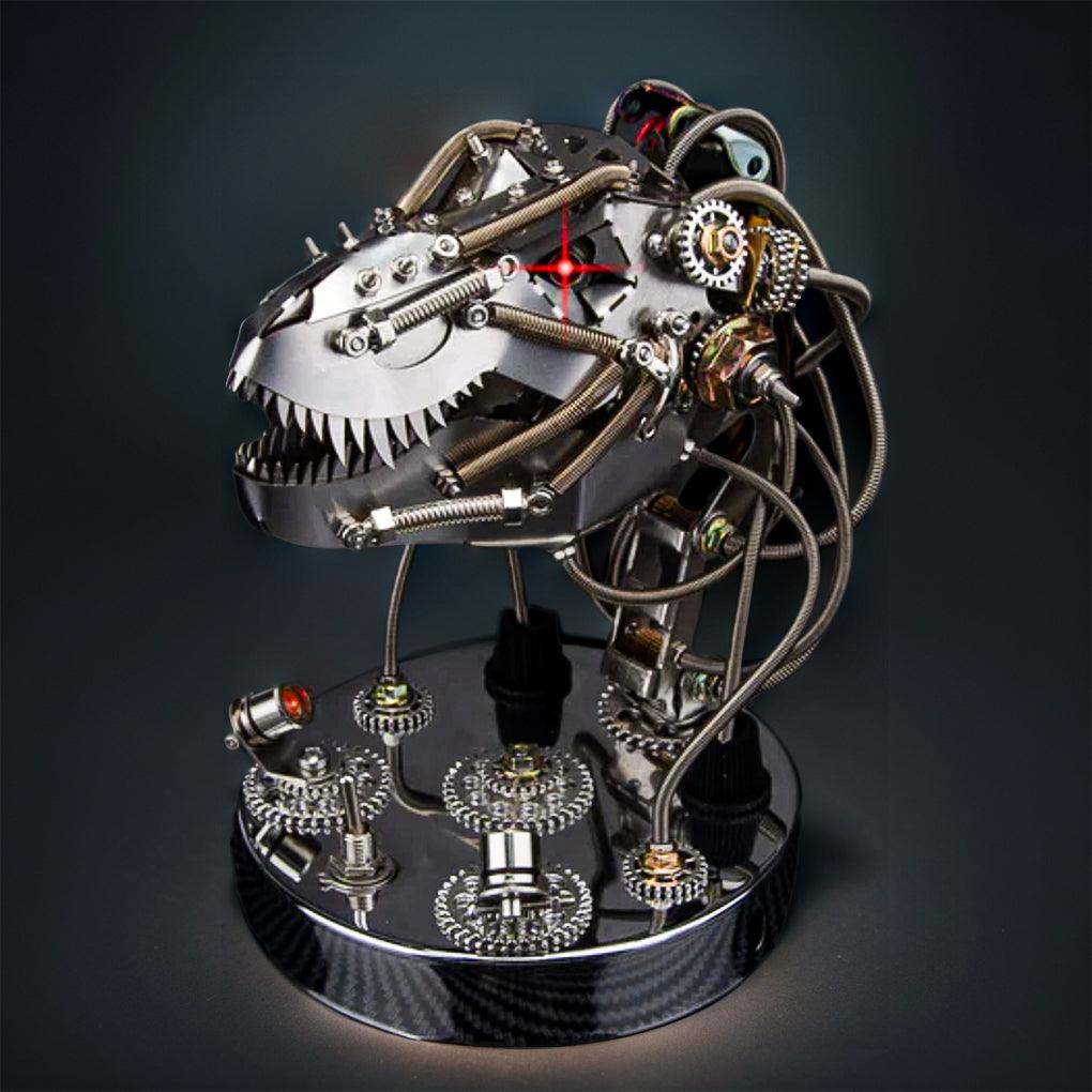 A compact 15 cm mechanical dinosaur bust that works as an interactive desk toy and conversation piece for the office