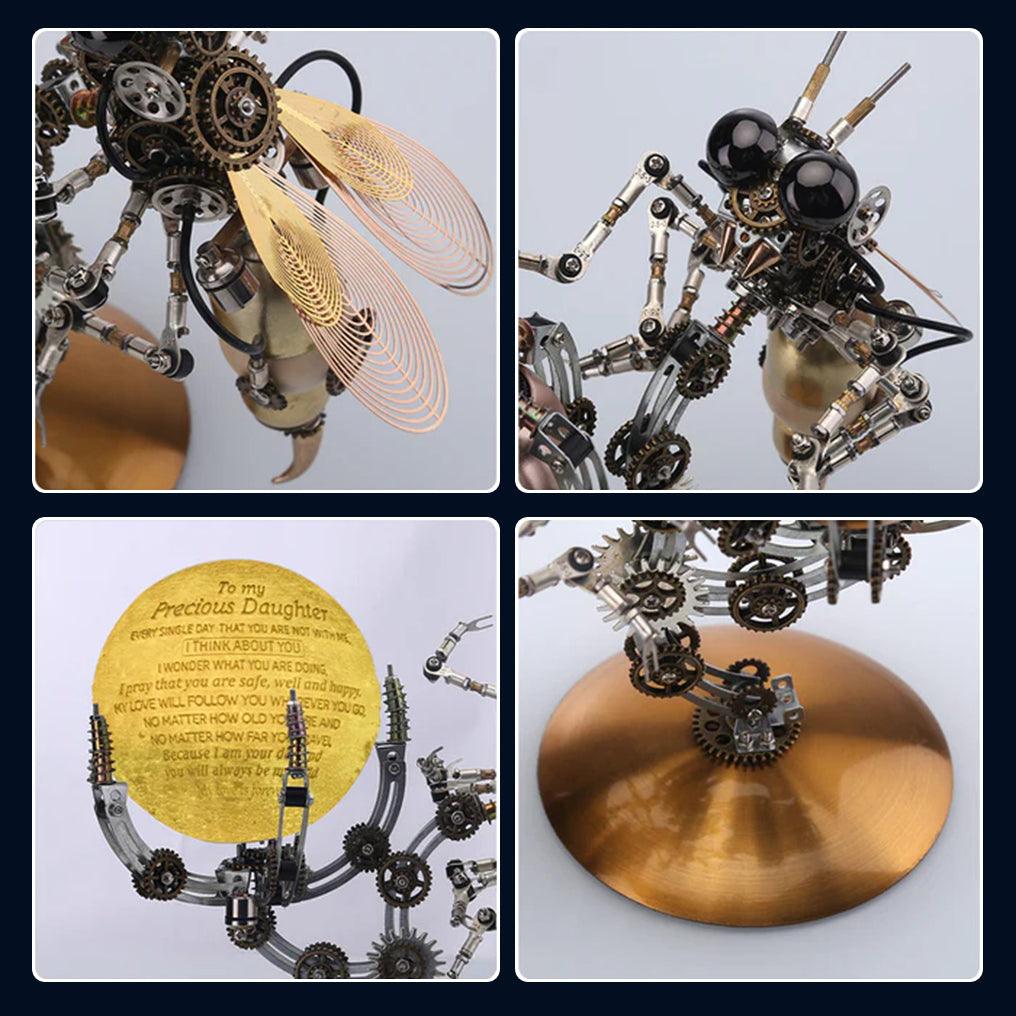 Collectible steampunk wasp model for teens and adults who build metal kits, set on the glowing Jupiter light base