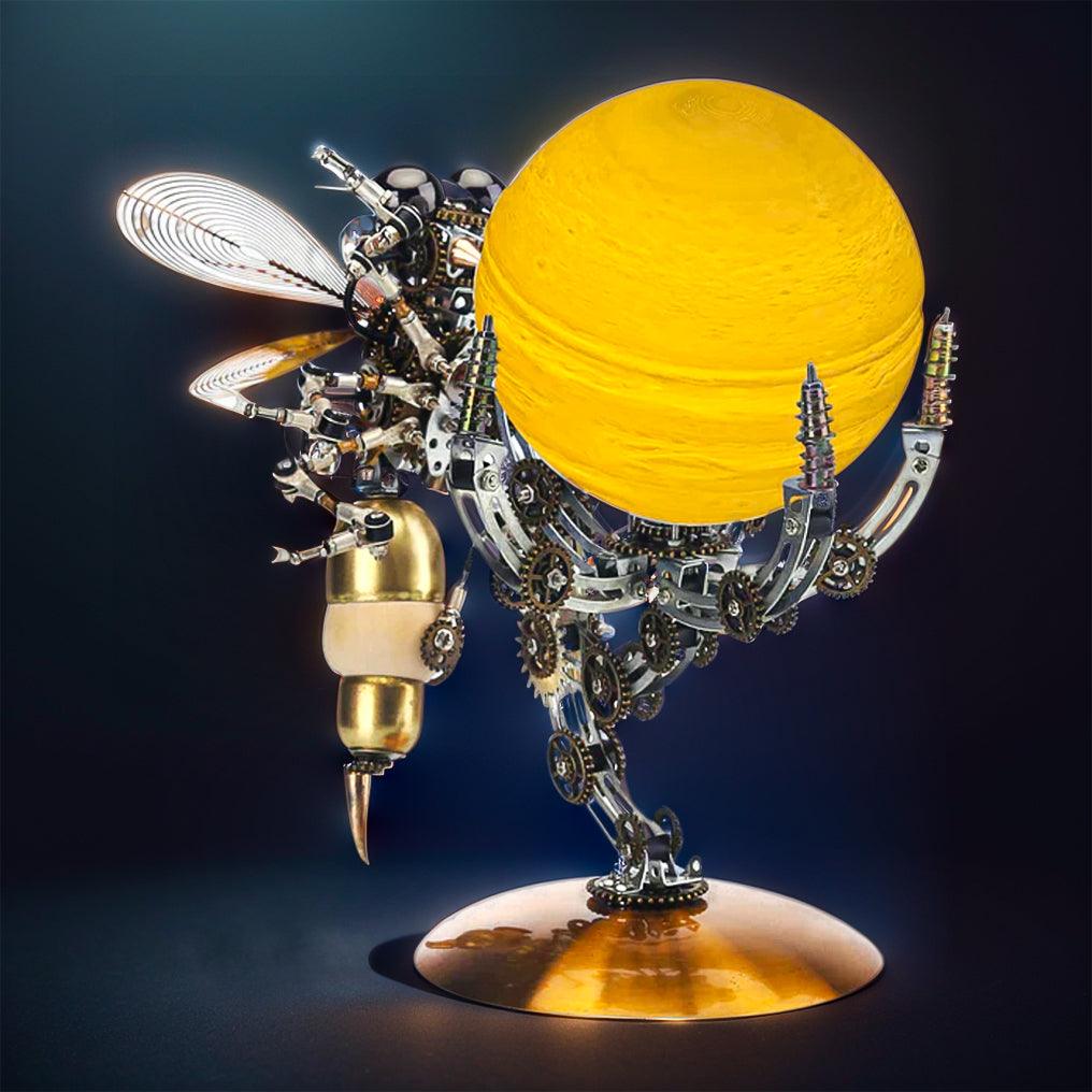 Articulated metal wasp sculpture with five poseable claws and copper gears, displayed on the Jupiter light base