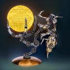 Steampunk gift for adult model builders, a stainless steel mechanical wasp kit set on a color changing Jupiter light base