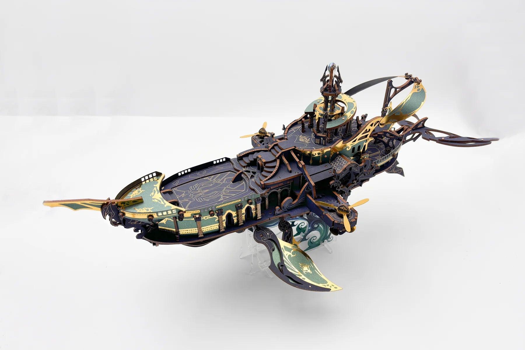 Stellar Abyss Voyager 3D wooden puzzle built as a cosmic sailing ship model with LED lights and moving gears Blue