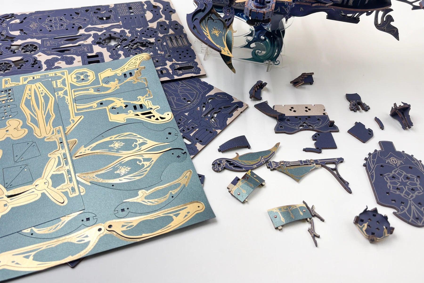 Laser cut birch puzzle pieces for the sailing ship model, a build it yourself kit and DIY gift for puzzle fans Blue