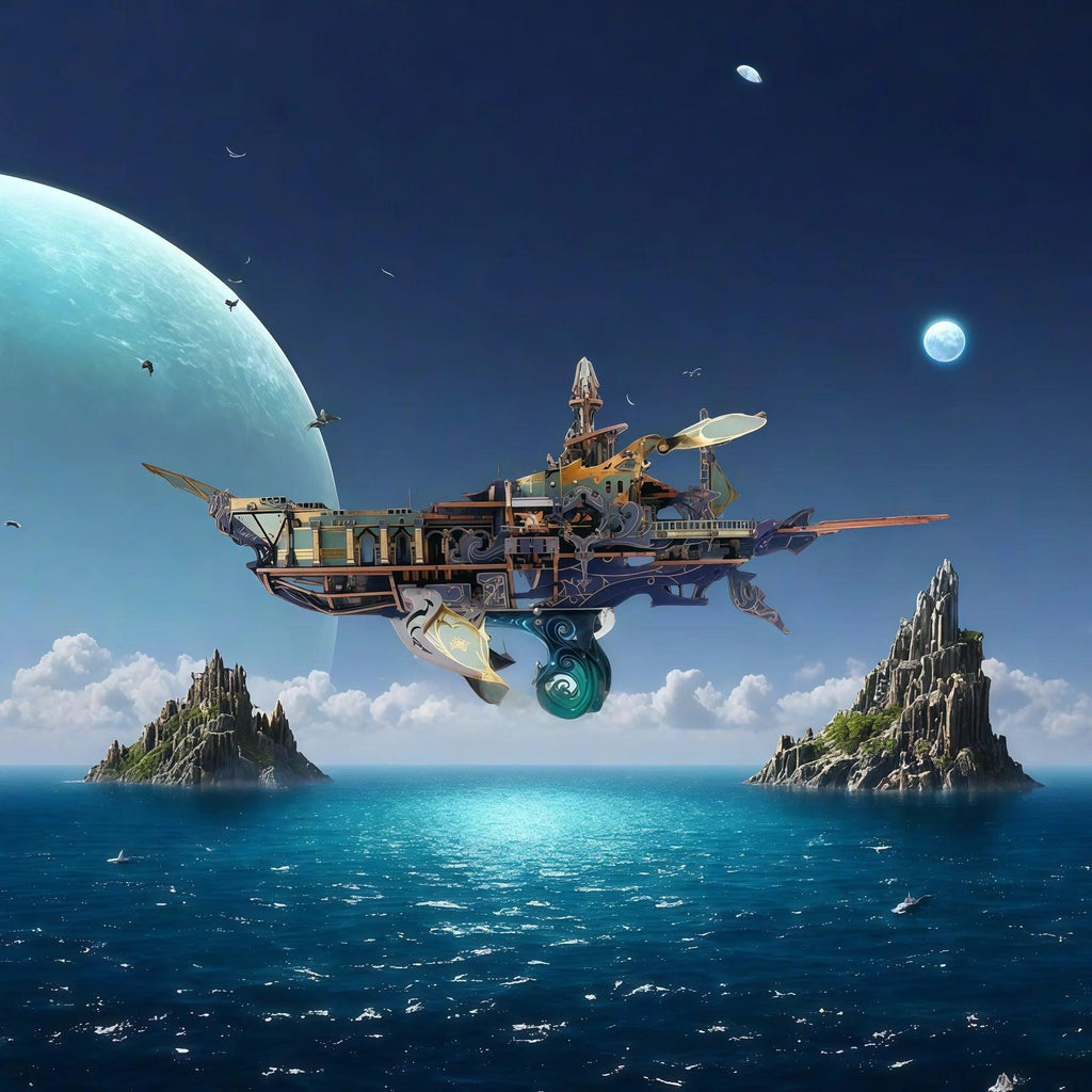 Cosmic sailing ship puzzle displayed as fantasy spaceship decor, an LED wooden model kit and gift for adult collectors Blue