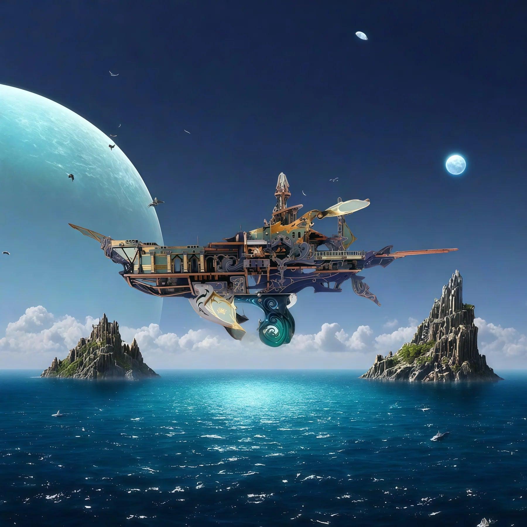 Cosmic sailing ship puzzle displayed as fantasy spaceship decor, an LED wooden model kit and gift for adult collectors Blue