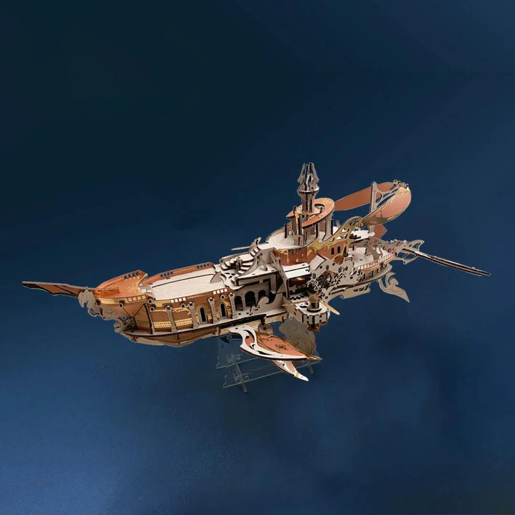 Gold Stellar Abyss Voyager wooden ship puzzle with metallic foil accents, an LED sailing model kit for desk decor Gold
