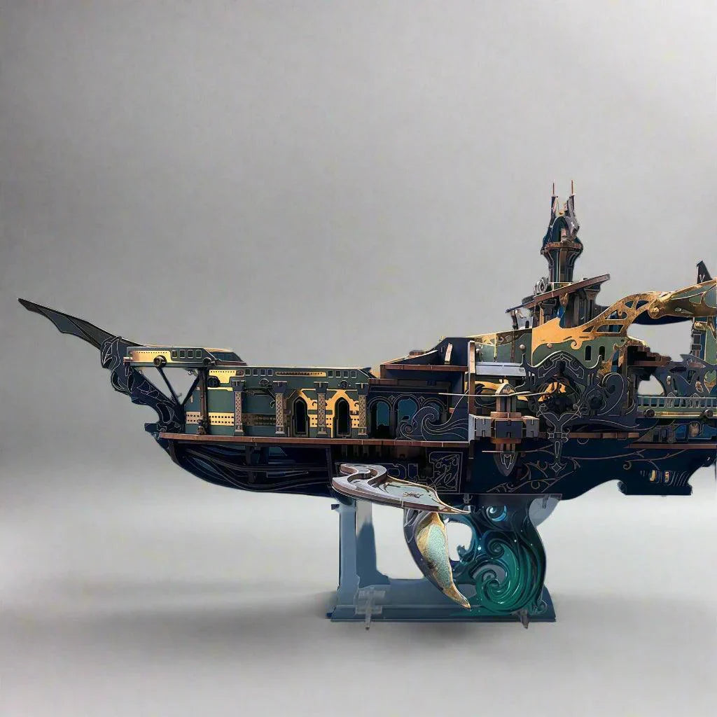 LED sailing ship 3D puzzle with articulated fins and foil trim accents, a fantasy model kit for adult hobby builders Blue