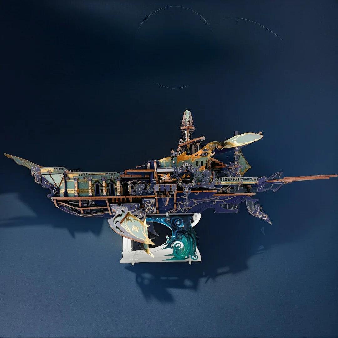 472 piece wooden puzzle ship with interlocking gears, an illuminated maritime collectible for home office desk decor Blue