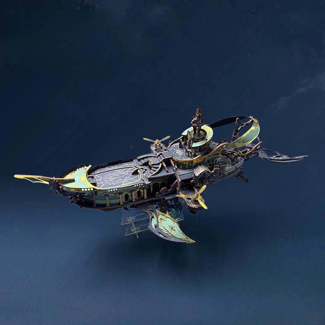 Cosmic voyager wooden ship puzzle with a glowing LED hull, an intermediate to advanced building project for adults Blue