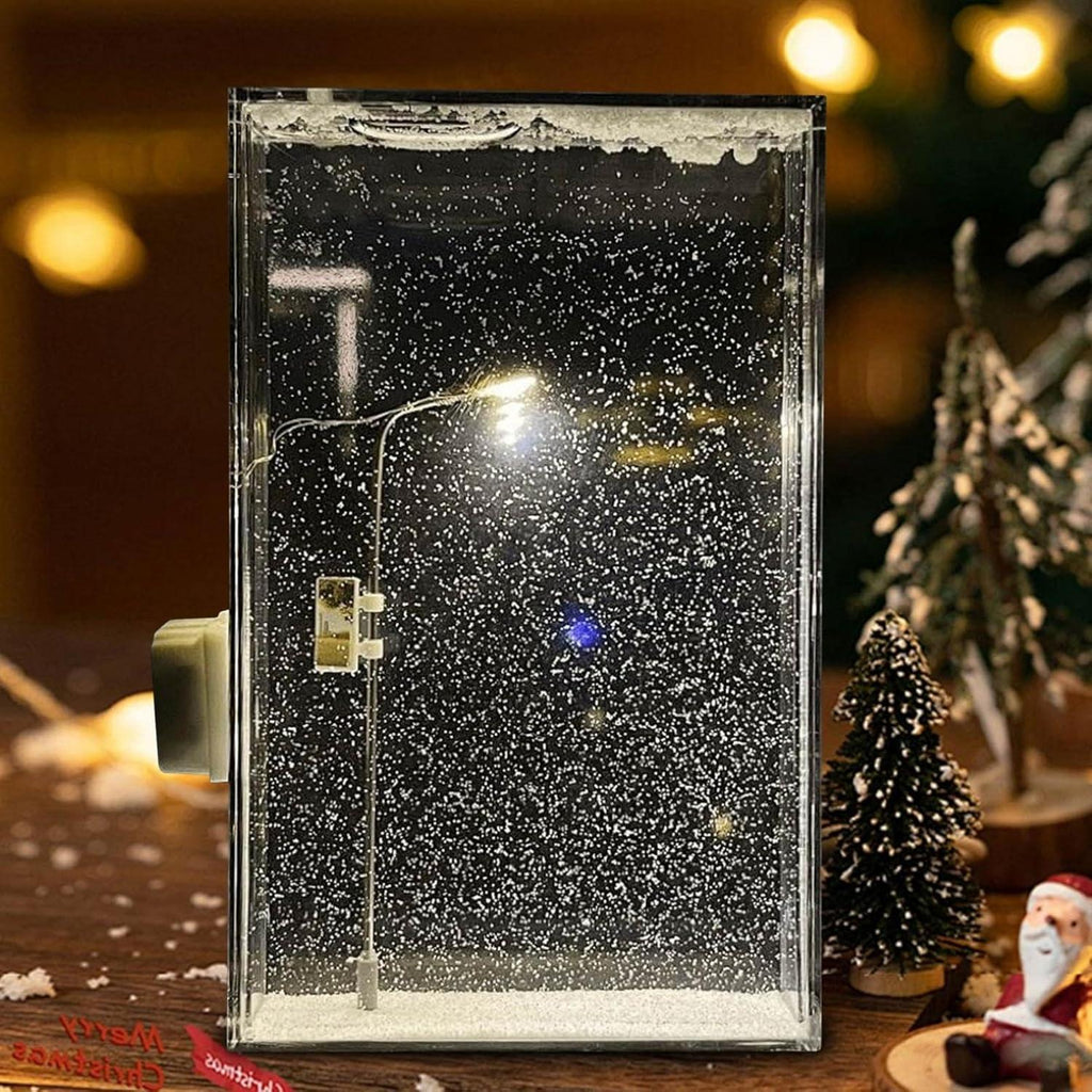 Festive winter wonderland streetlight lamp beside a mini tree, a glowing snow scene decoration and craft gift for holidays