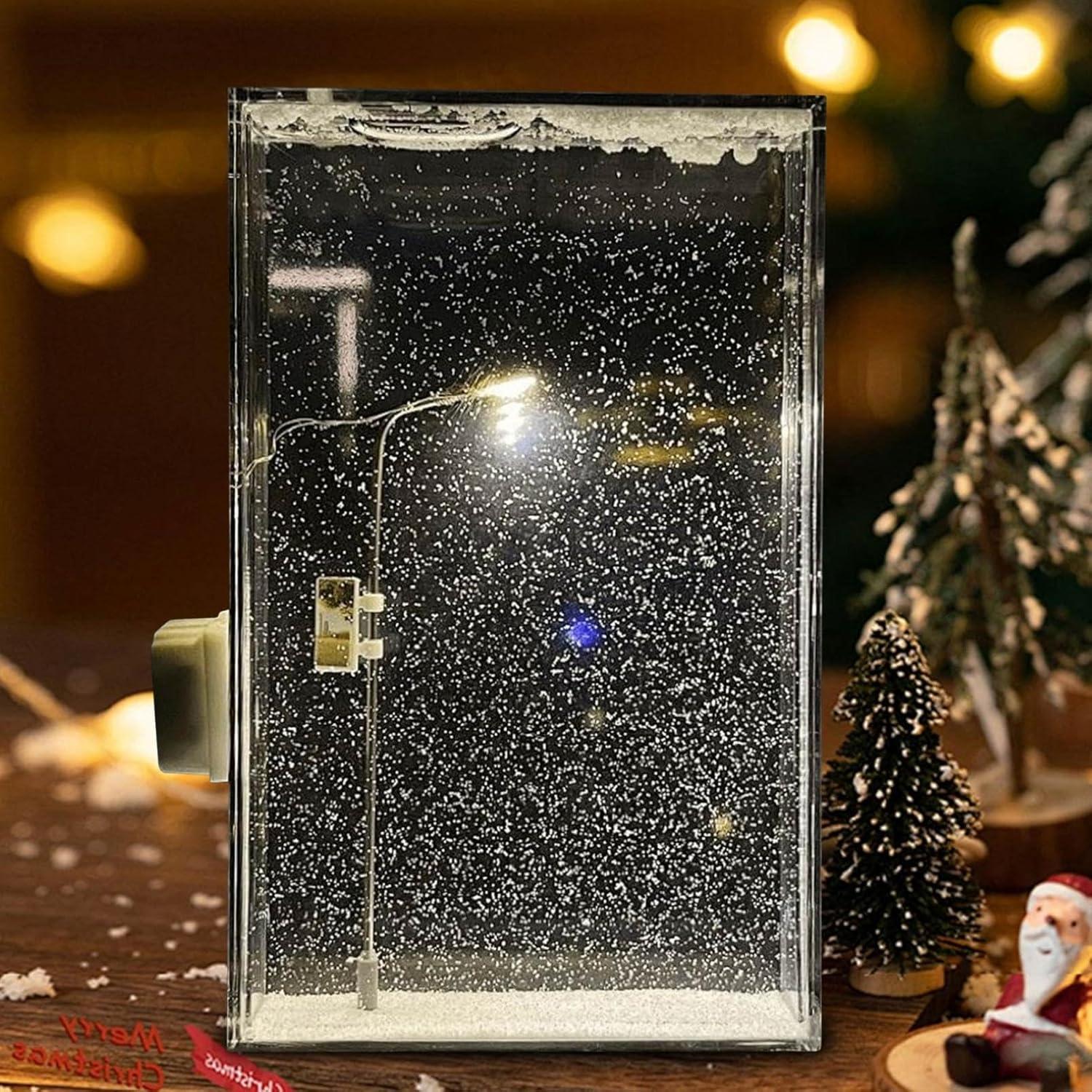 Festive winter wonderland streetlight lamp beside a mini tree, a glowing snow scene decoration and craft gift for holidays
