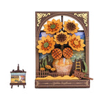 Golden Sunflower wooden puzzle night light kit with 266 no-glue pieces and a warm LED, a calming craft build and gift for her
