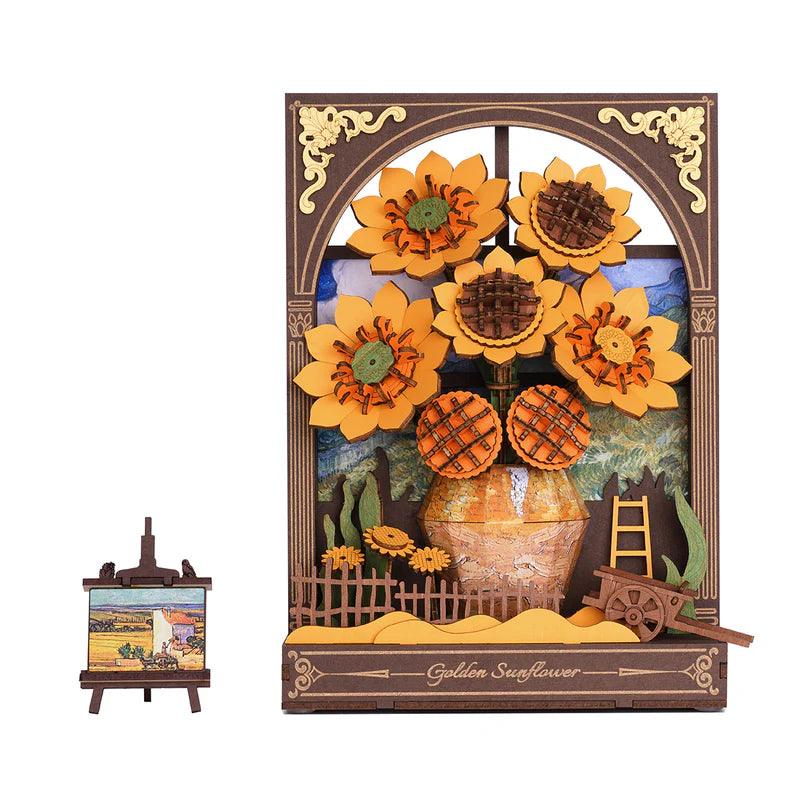 Golden Sunflower wooden puzzle night light kit with 266 no-glue pieces and a warm LED, a calming craft build and gift for her
