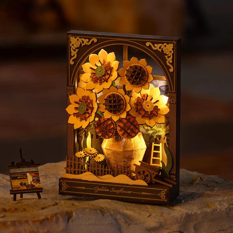Warm LED Golden Sunflower night light glowing on a bedside table, 266 piece wooden flower lamp for sleep friendly bedroom decor