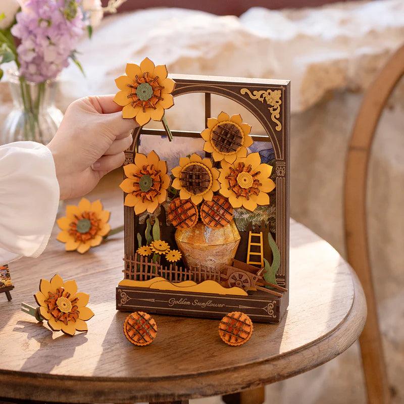 Golden Sunflower flower lamp as warm desk and shelf decor, a no glue 266 piece wooden night light and gift for mom