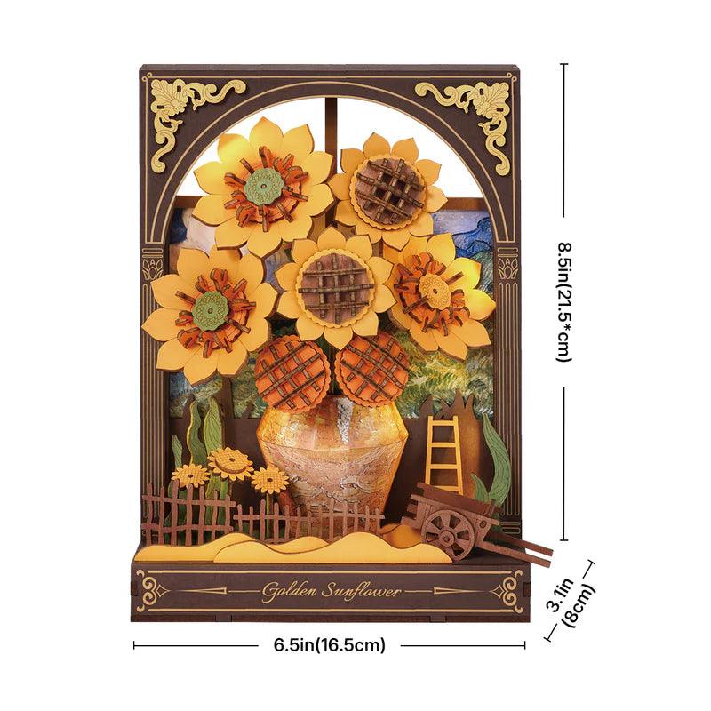 Compact Golden Sunflower puzzle night light about 8.5 inches tall, a 266 piece wooden LED lamp kit for a nightstand or desk accent