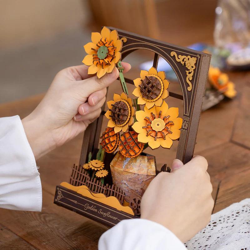 Hand assembled Golden Sunflower wooden puzzle lamp, a no glue 266 piece DIY night light kit and relaxing craft project for adults