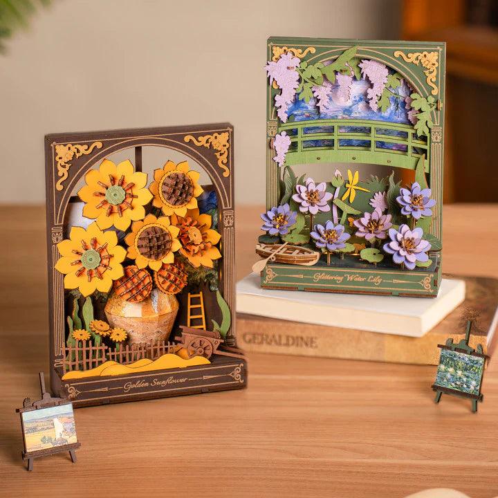 Golden Sunflower and Sunflower & Water Lily wooden puzzle night lights as a floral LED lamp duo for shelf decor and gifts