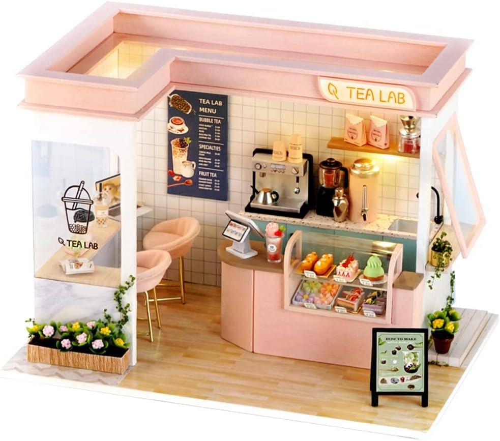Miniature bubble tea shop dollhouse kit at 1:24 scale with LED lights and resin drinks, a boba cafe build for adults Pink
