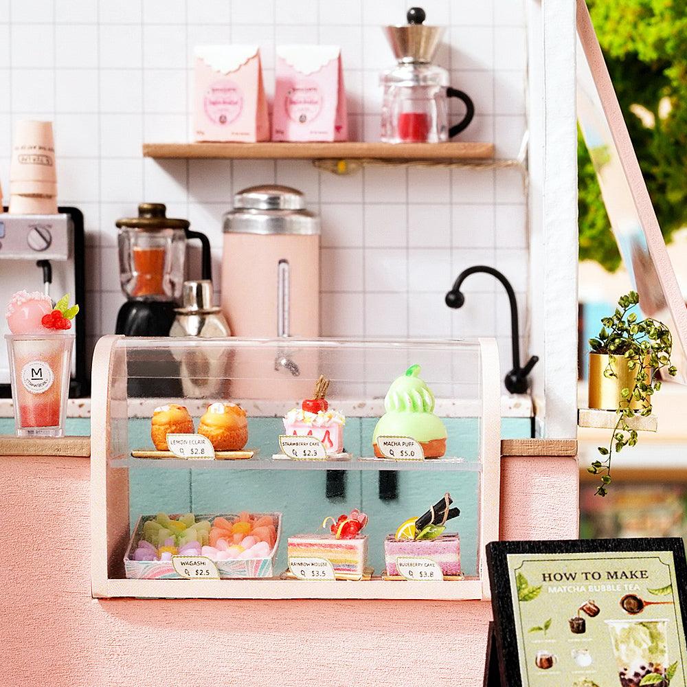Miniature pastry display case with resin macarons and cakes, a 1:24 bubble tea shop model kit and craft gift for teens Pink
