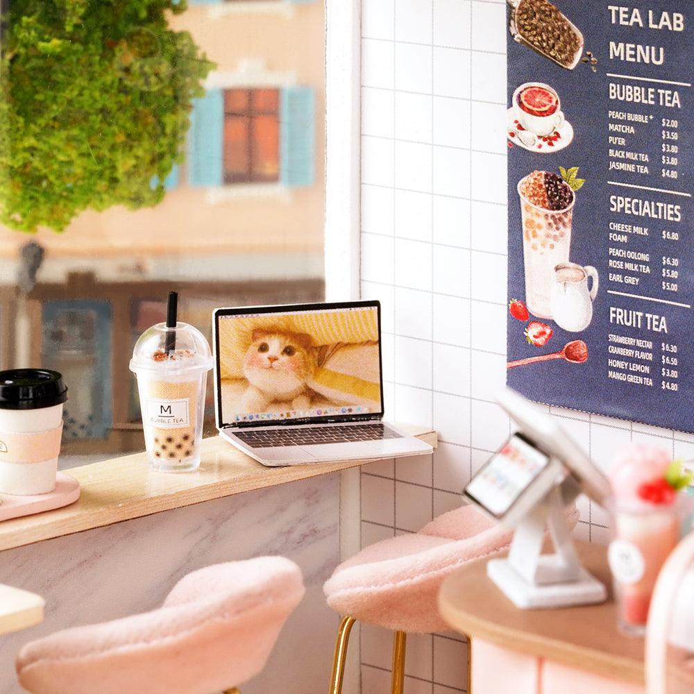 1:24 boba tea bar model with a printed tea menu, a blender, and bar stools, a miniature cafe dollhouse kit for hobbyists Pink