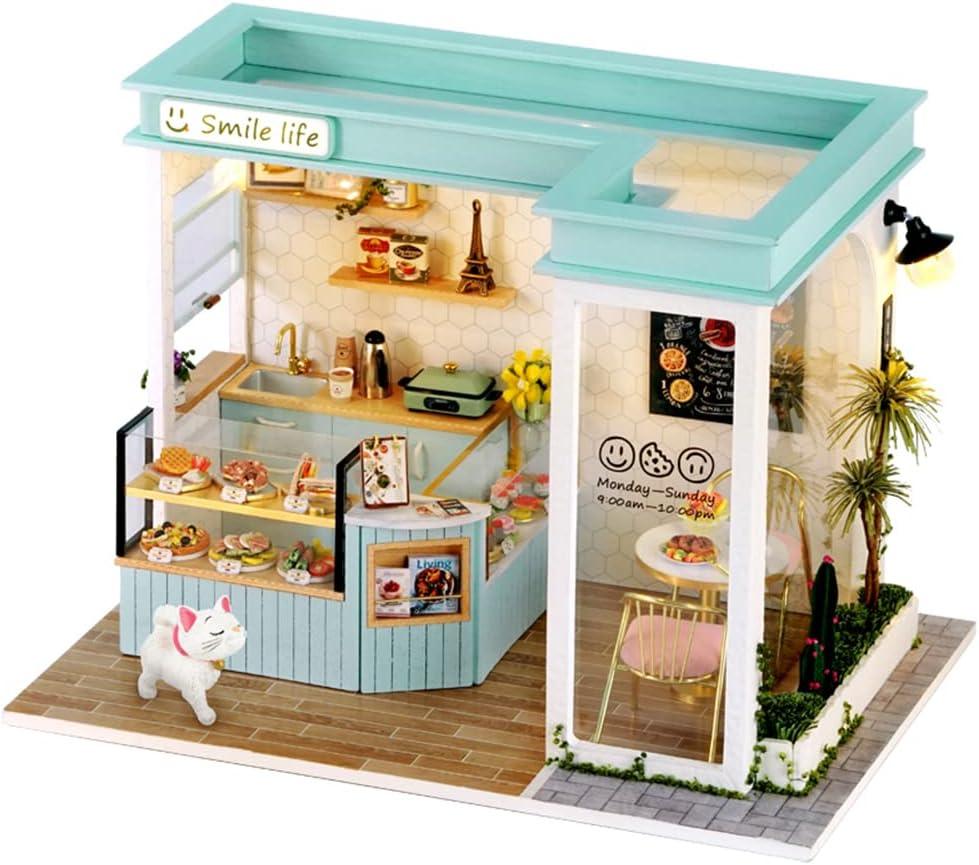 Miniature sandwich deli dollhouse kit at 1:24 scale with LED lights and a salad and waffle bar, a cafe build for adults Blue