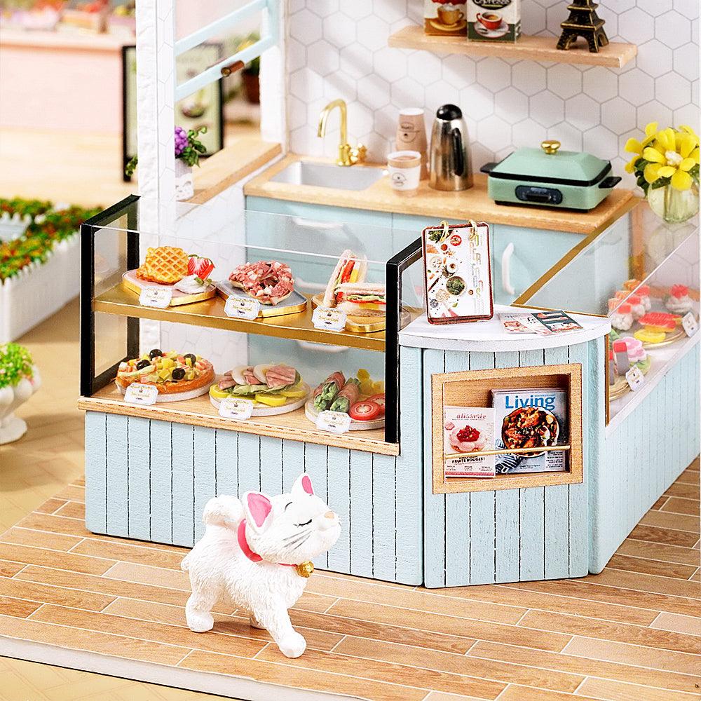 Miniature deli display case with resin sandwiches, salads, and waffles, a 1:24 cafe shop model kit and craft gift idea Blue