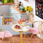 1:24 cafe deli diorama with a bistro table and plated food, a miniature dollhouse kit for desk decor and bookshelf Blue