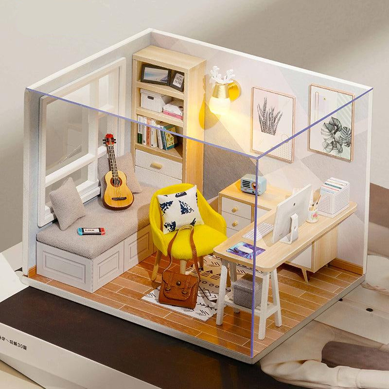 Sunlit modern miniature dollhouse kit with a yellow chair, ukulele and warm LED lighting for shelf or desk display