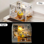 Miniature dollhouse room kit shown in day and warm LED night light, a bright 1:24 study for desk and shelf display